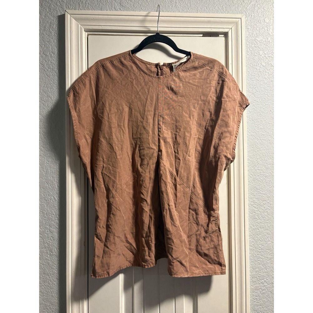 Everlane Blouse Womens 14 Brown Tencel Short Sleeve Crew Neck Back Zip Top New